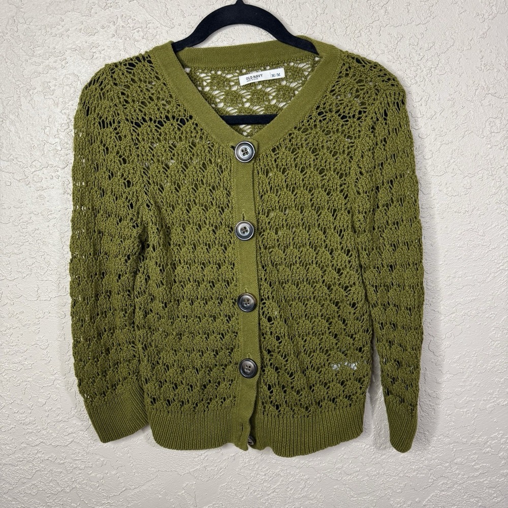 Old Navy Womens Crochet Cardigan Sweater Size M Olive Grn Cottage Earthy Goblin